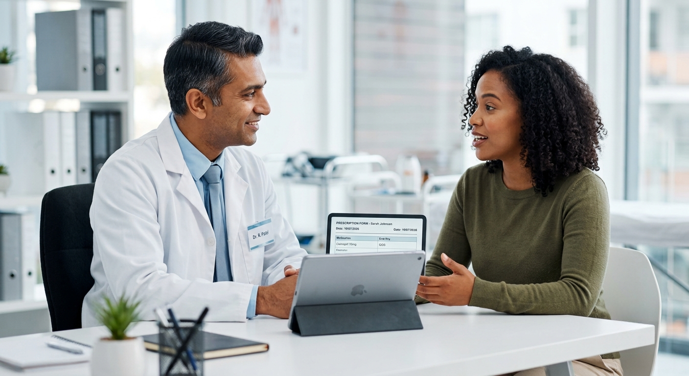 Doctor consulting with a patient while reviewing a prescription on a tablet