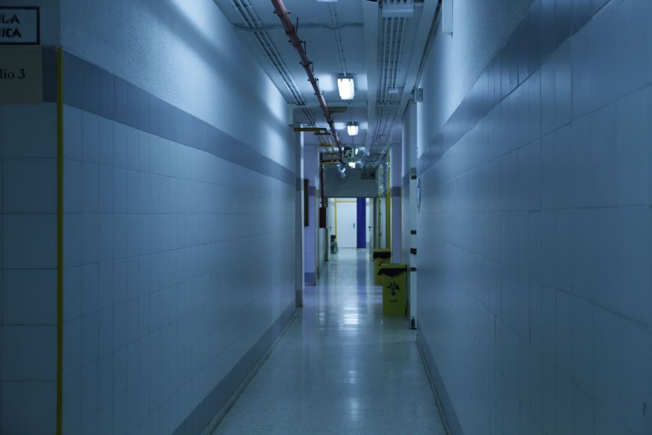 Modern hospital corridor with clean architectural lines